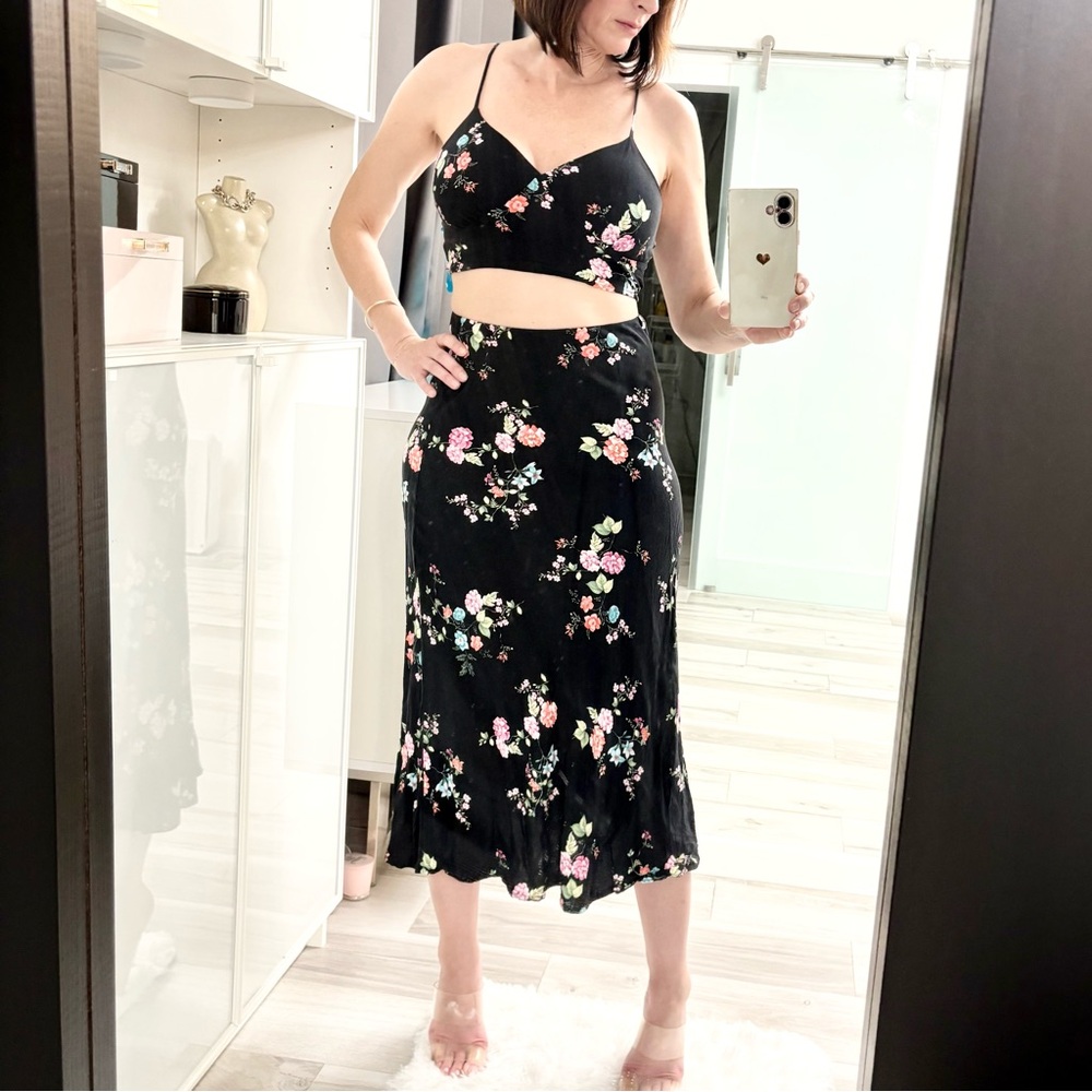 Floral Black and Pink Floral Midi Skirt 2pc Set